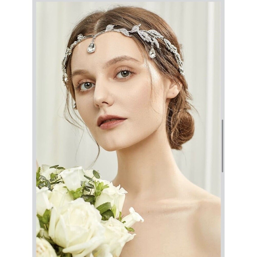 Silver-Tone Leaf Vine Metal Tiara / Headwear w/ Clear Crystal Teardrops